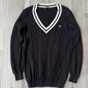 LACOSTE Vintage Cable Knit V Neck SWEATER